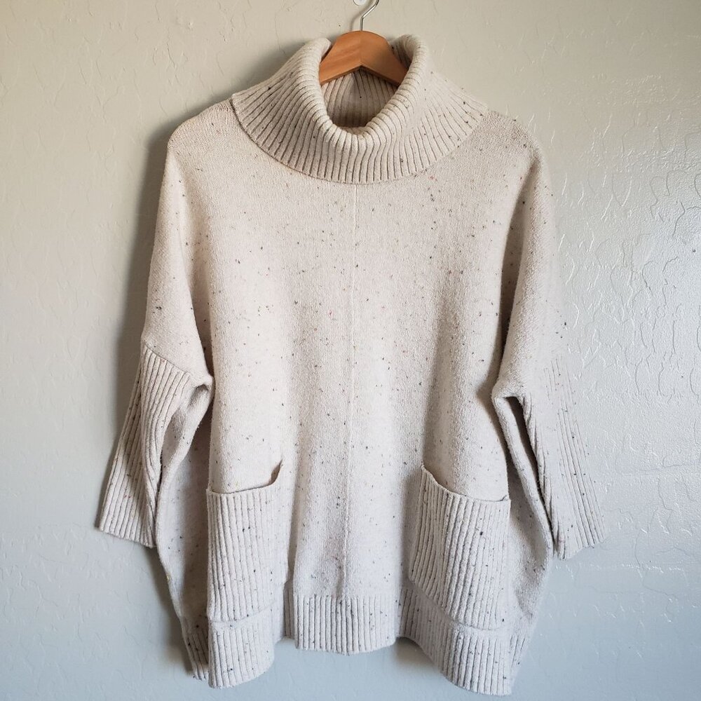 LOFT Flecked Pocket Poncho Sweater Cream Women's XS Oversized Cowlneck Soft Knit